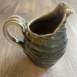 Studio Abstract Art Pottery Pitcher Signed by Artist Green Blue Glaze 7" Tall!